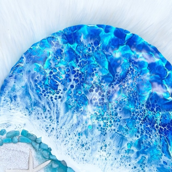 Resin Art Textured Ocean Coastal Wall Hanging Decor Beach Theme Round - Picture 2 of 6